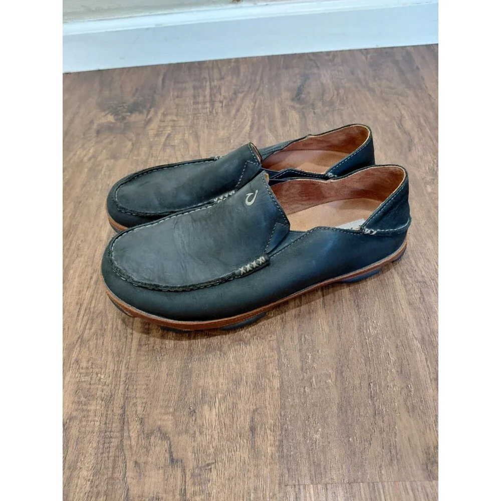 OluKai Moloa Black Leather Casual Slip On Loafers Size 10